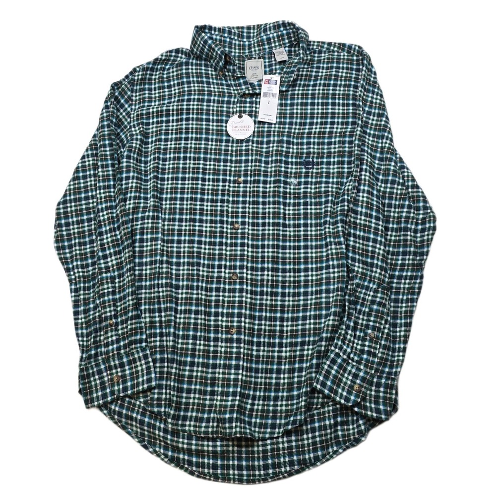 Chaps RL Double Brushed Flannel Shirt Mens Large Green Plaid Lightweight NEW